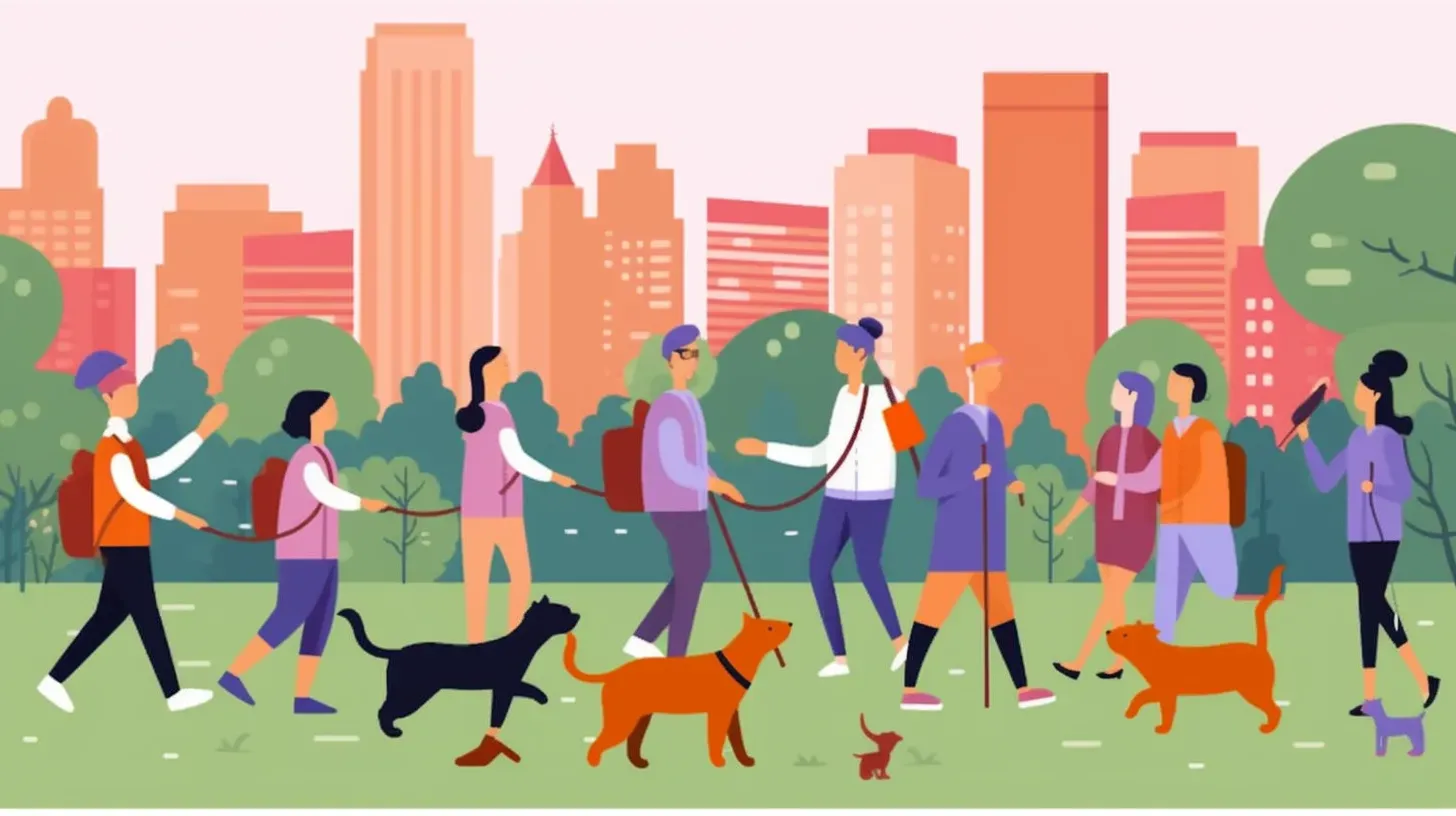Illustration von Menschen, die mit ihren Hunden und Katzen durch einen Stadtpark spazieren